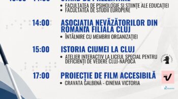 Afiș dedicat Zilei Internaționale a Bastonului Alb, 15 octombrie 2026, realizat în nuanțe de alb și albastru. În partea superioară sunt prezentate siglele organizatorilor, inclusiv UBB, CSD, Specializarea Psihopedagogie Specială și Asociația Nevăzătorilor din România, Filiala Cluj. În centrul afișului este prezentat programul evenimentului: între orele 10:00 și 14:00, standuri de prezentare la Facultatea de Psihologie și Științe ale Educației și Facultatea de Studii Europene; la ora 14:00, întâlnire cu membrii Asociației Nevăzătorilor din România, Filiala Cluj; la ora 15:00, atelierul interactiv „Istoria ciumei la Cluj”, la Liceul Special pentru Deficienți de Vedere Cluj-Napoca; la ora 17:00, proiecția accesibilă a filmului „Cravata galbenă”, la Cinema Victoria. În partea inferioară, un baston alb cu segment roșu este reprezentat diagonal, deasupra unui pavaj tactil. Lângă acesta se află un indicator triunghiular cu margine roșie și mesajul „Atenție la bastonul alb!”. Sunt prezente siglele partenerilor, pictogramele rețelelor sociale CSD și datele de contact bsd.centre.ubbcluj.ro și bsd@ubbcluj.ro. La baza afișului este menționat proiectul CNFIS-FDI-2026-F-0477 „ACCES UBB - Accesibilitate, Comunitate și Echitate Studențească”.