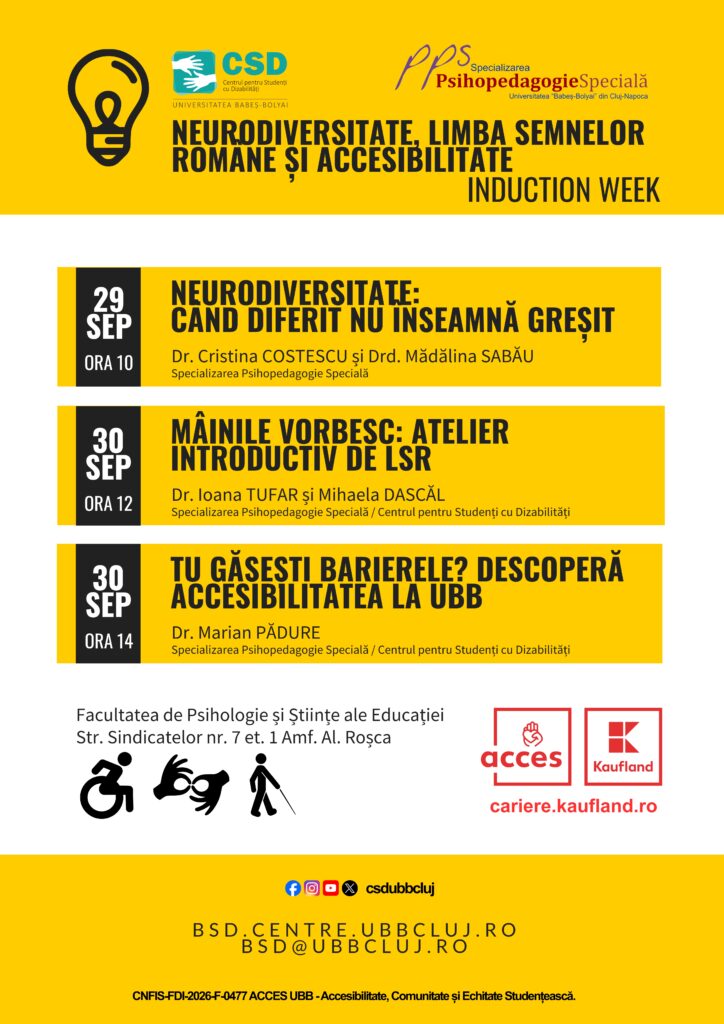 Induction Week la UBB, 29-30 septembrie. Trei ateliere despre neurodiversitate, Limba Semnelor Române și accesibilitate, deschise tuturor studenților. Intrarea este liberă.