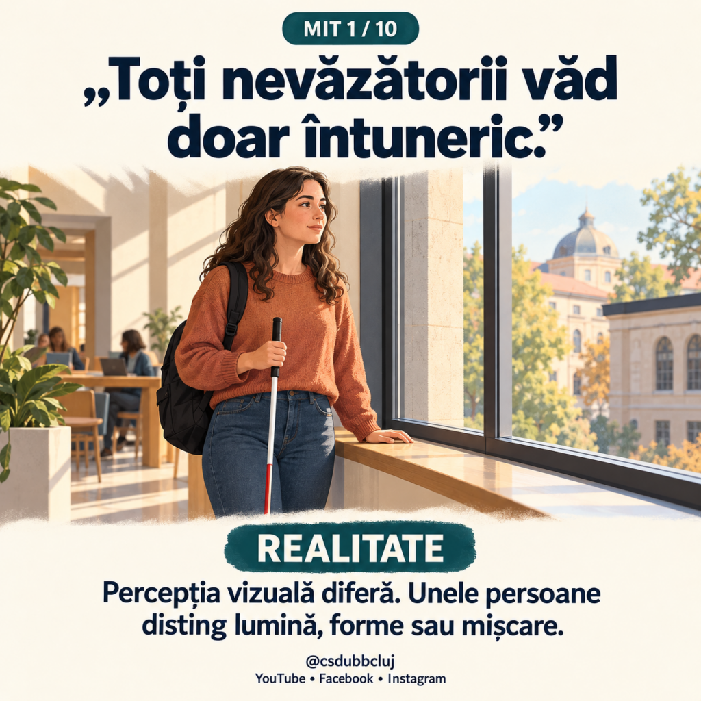 Mitul 2 din 10. Text: „Folosește telefonul, deci vede.” Realitate: „Cititoarele de ecran și comenzile vocale permit folosirea telefonului fără vedere.” Ilustrație: o studentă așezată pe o bancă folosește telefonul și o cască audio. Bastonul alb este lângă ea, iar un simbol audio sugerează redarea vocală.