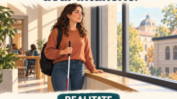 Mitul 2 din 10. Text: „Folosește telefonul, deci vede.” Realitate: „Cititoarele de ecran și comenzile vocale permit folosirea telefonului fără vedere.” Ilustrație: o studentă așezată pe o bancă folosește telefonul și o cască audio. Bastonul alb este lângă ea, iar un simbol audio sugerează redarea vocală.