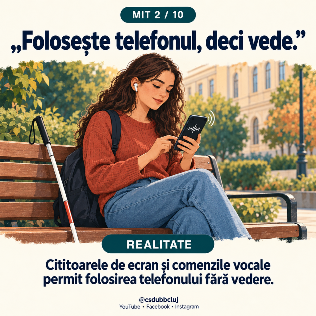 Mitul 2 din 10. Text: „Folosește telefonul, deci vede.” Realitate: „Cititoarele de ecran și comenzile vocale permit folosirea telefonului fără vedere.” Ilustrație: o studentă așezată pe o bancă folosește telefonul și o cască audio. Bastonul alb este lângă ea, iar un simbol audio sugerează redarea vocală.