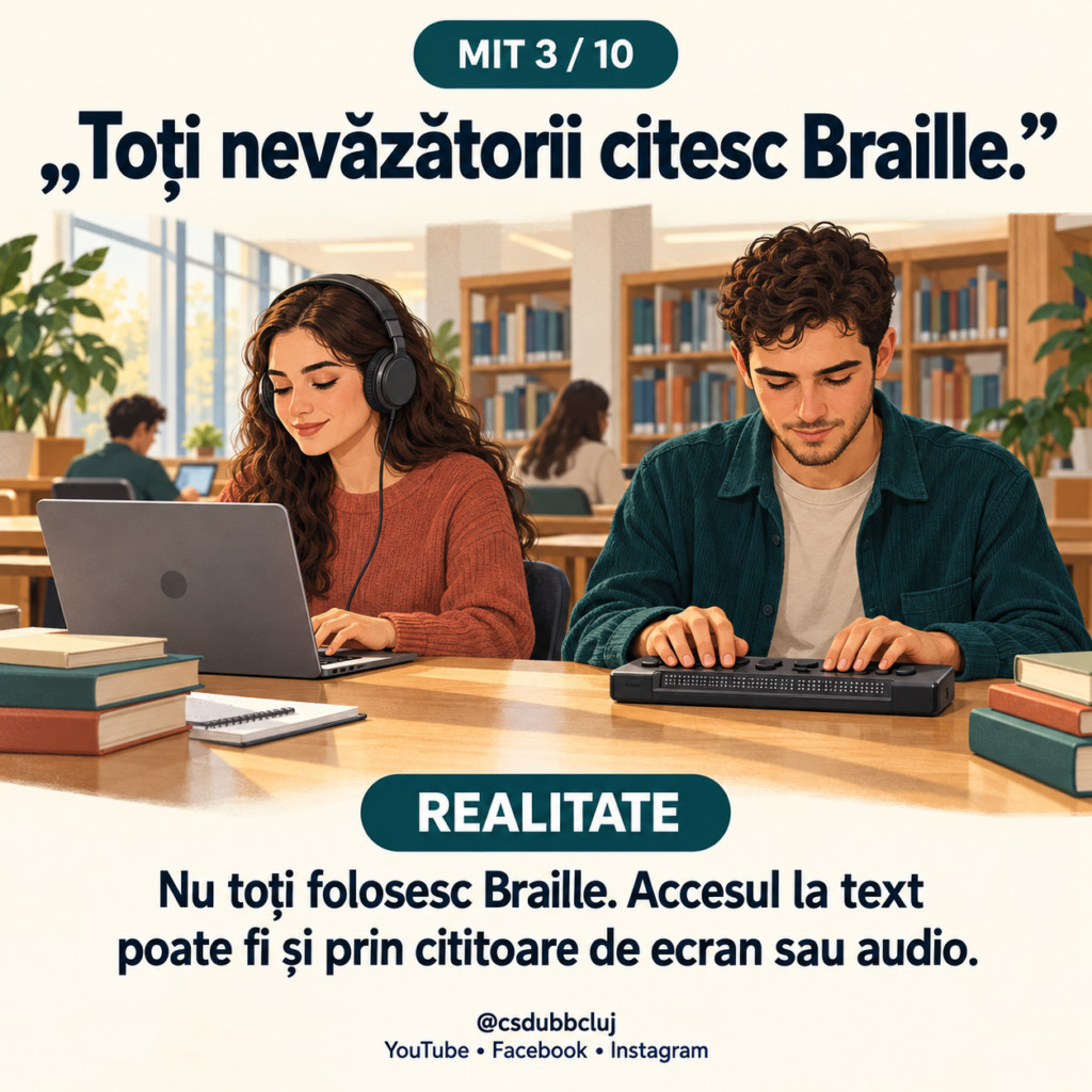 Mitul 10 din 10. Text: „Adaptările la examen sunt un avantaj incorect.” Realitate: „Adaptările reduc barierele de acces. Obiectivele academice se păstrează.” Ilustrație: un student susține un examen folosind un laptop și căști. Bastonul alb se află lângă bancă, iar cadrul didactic supraveghează.