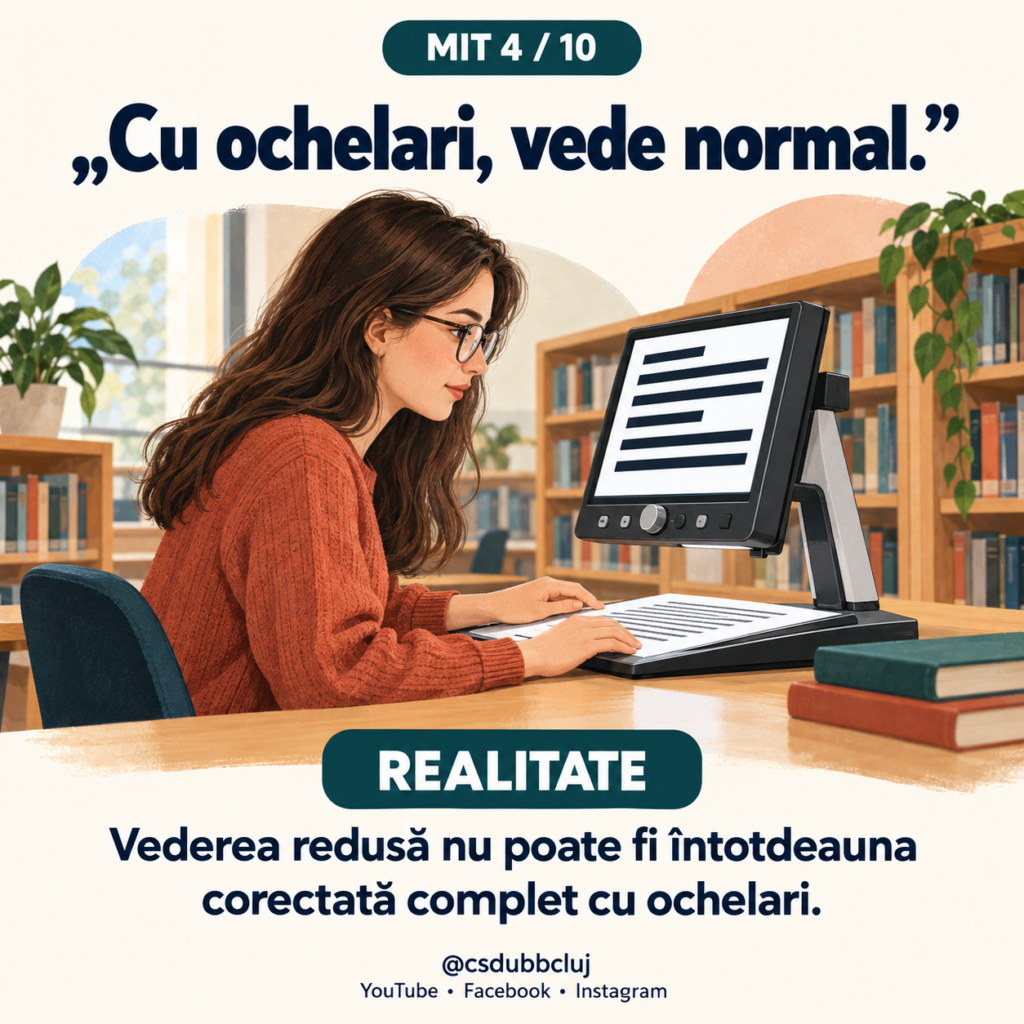 Mitul 10 din 10. Text: „Adaptările la examen sunt un avantaj incorect.” Realitate: „Adaptările reduc barierele de acces. Obiectivele academice se păstrează.” Ilustrație: un student susține un examen folosind un laptop și căști. Bastonul alb se află lângă bancă, iar cadrul didactic supraveghează.