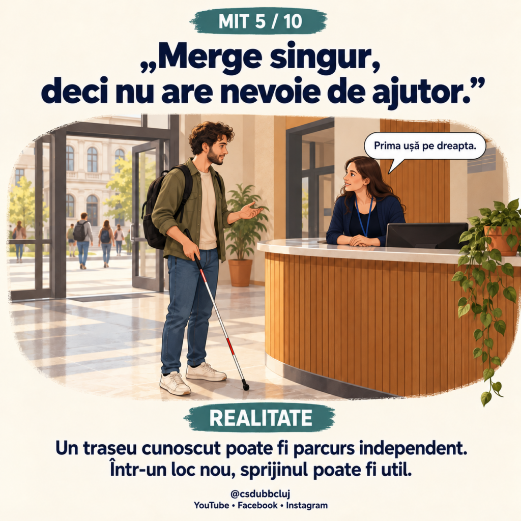 Mitul 10 din 10. Text: „Adaptările la examen sunt un avantaj incorect.” Realitate: „Adaptările reduc barierele de acces. Obiectivele academice se păstrează.” Ilustrație: un student susține un examen folosind un laptop și căști. Bastonul alb se află lângă bancă, iar cadrul didactic supraveghează.