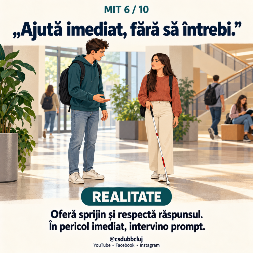 Mitul 10 din 10. Text: „Adaptările la examen sunt un avantaj incorect.” Realitate: „Adaptările reduc barierele de acces. Obiectivele academice se păstrează.” Ilustrație: un student susține un examen folosind un laptop și căști. Bastonul alb se află lângă bancă, iar cadrul didactic supraveghează.