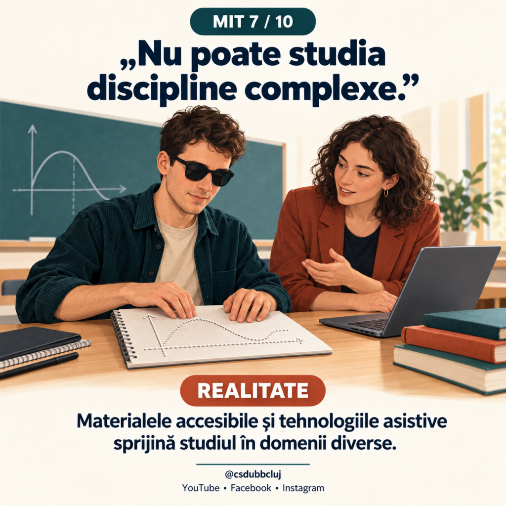 Mitul 10 din 10. Text: „Adaptările la examen sunt un avantaj incorect.” Realitate: „Adaptările reduc barierele de acces. Obiectivele academice se păstrează.” Ilustrație: un student susține un examen folosind un laptop și căști. Bastonul alb se află lângă bancă, iar cadrul didactic supraveghează.