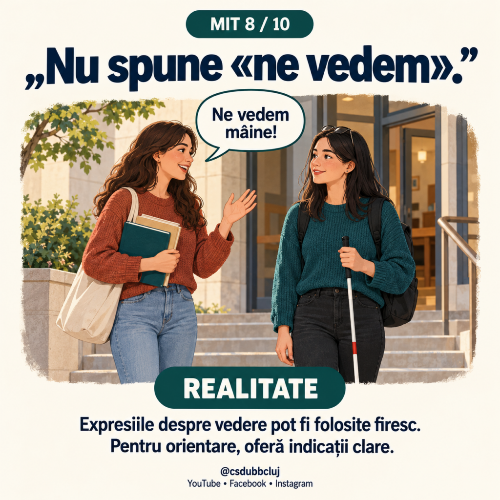 Mitul 10 din 10. Text: „Adaptările la examen sunt un avantaj incorect.” Realitate: „Adaptările reduc barierele de acces. Obiectivele academice se păstrează.” Ilustrație: un student susține un examen folosind un laptop și căști. Bastonul alb se află lângă bancă, iar cadrul didactic supraveghează.