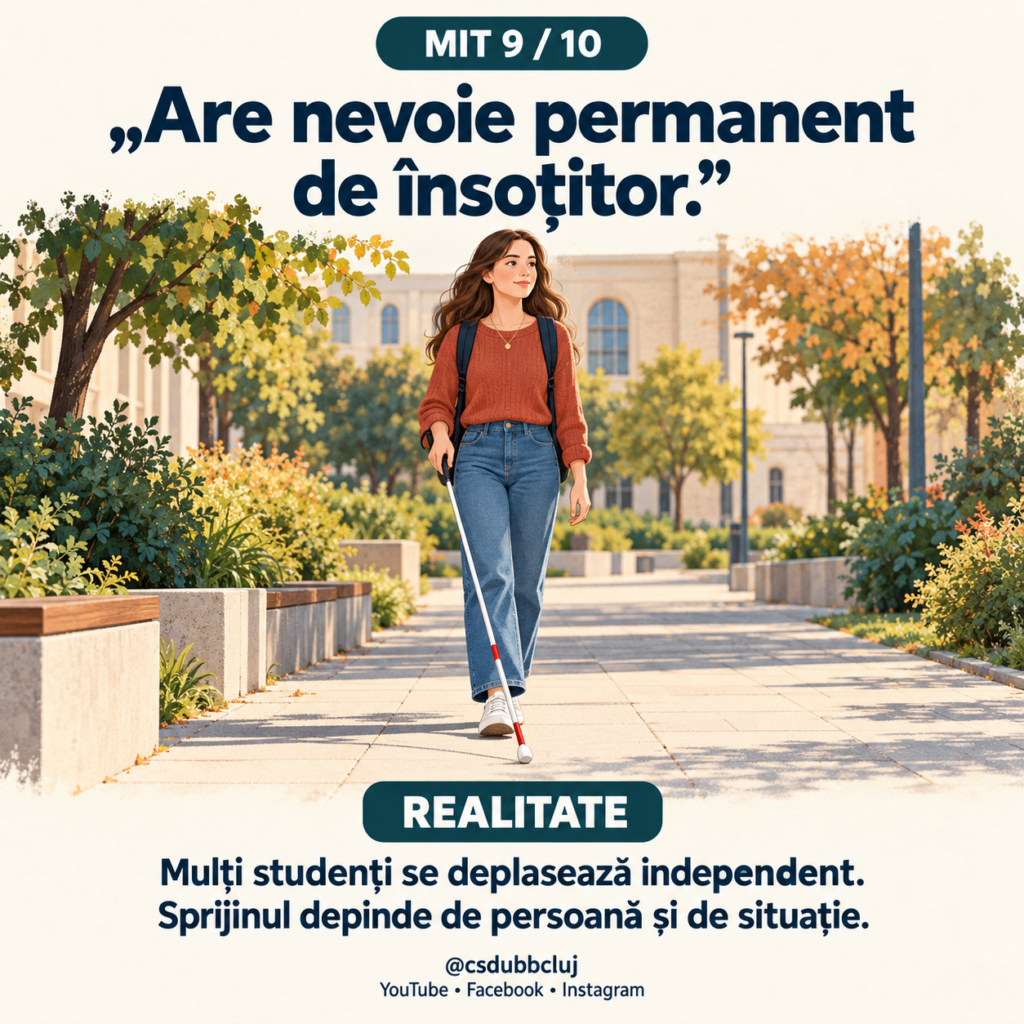 Mitul 10 din 10. Text: „Adaptările la examen sunt un avantaj incorect.” Realitate: „Adaptările reduc barierele de acces. Obiectivele academice se păstrează.” Ilustrație: un student susține un examen folosind un laptop și căști. Bastonul alb se află lângă bancă, iar cadrul didactic supraveghează.