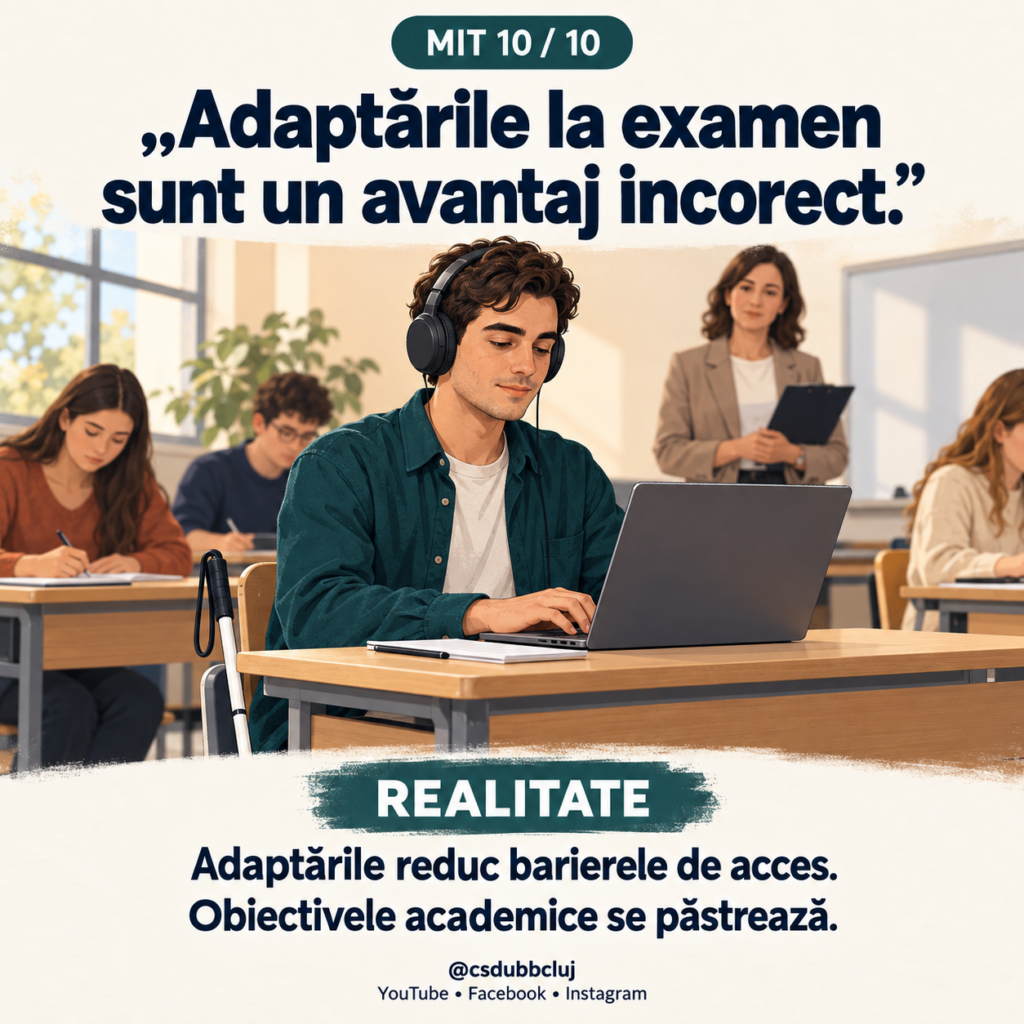 Mitul 10 din 10. Text: „Adaptările la examen sunt un avantaj incorect.” Realitate: „Adaptările reduc barierele de acces. Obiectivele academice se păstrează.” Ilustrație: un student susține un examen folosind un laptop și căști. Bastonul alb se află lângă bancă, iar cadrul didactic supraveghează.