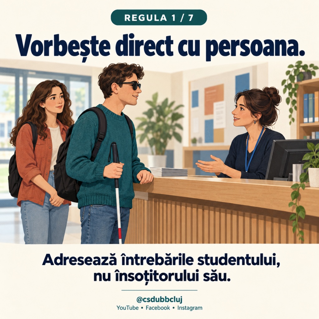 Regula 1 din 7. Ilustrație: o angajată de la recepție discută direct cu un student care ține un baston alb. Colega care îl însoțește stă în spatele lui. Text: „Vorbește direct cu persoana. Adresează întrebările studentului, nu însoțitorului său.”