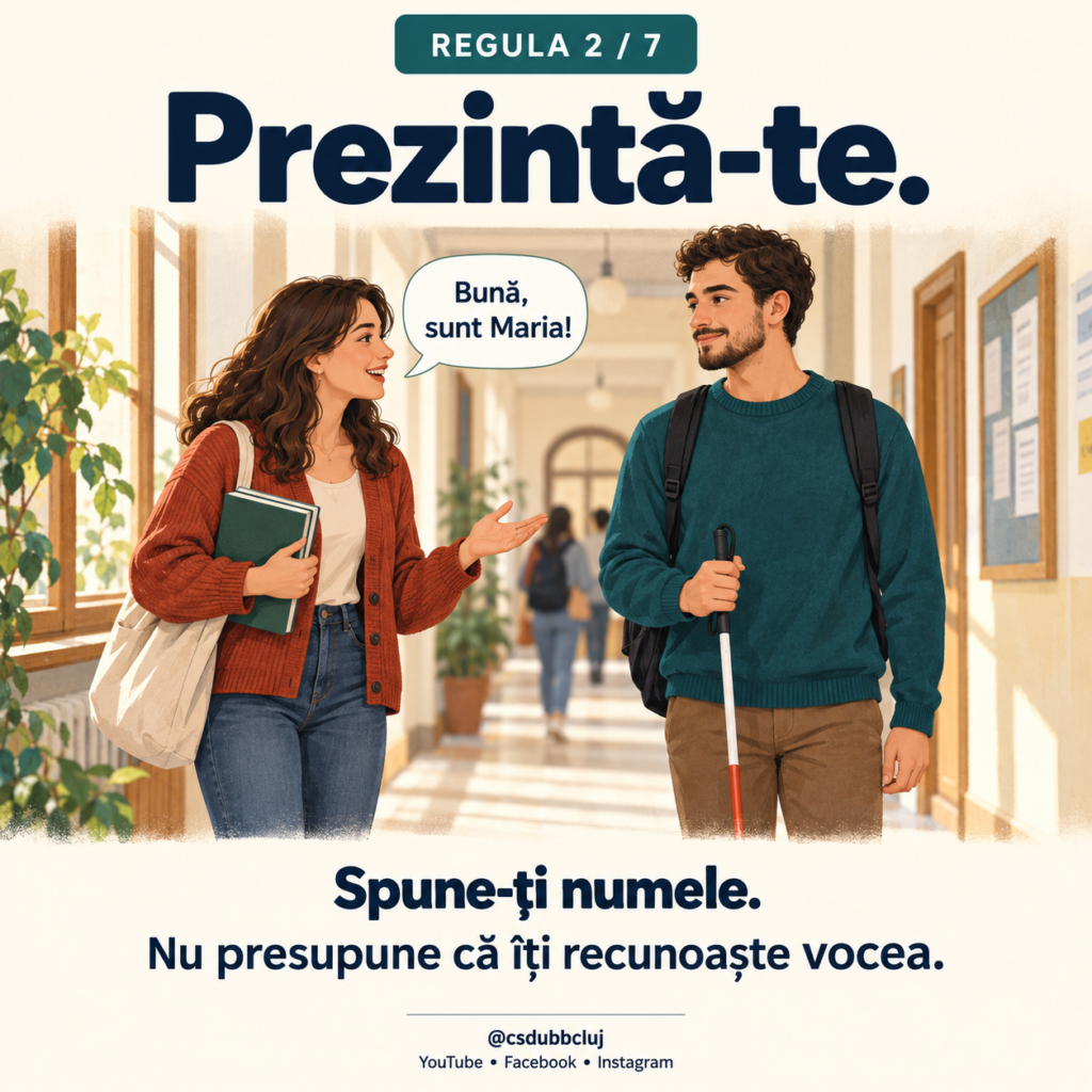 Regula 2 din 7. Ilustrație: pe un coridor universitar, o colegă salută un student cu baston alb și spune: „Bună, sunt Maria!” Text: „Prezintă-te. Spune-ți numele. Nu presupune că îți recunoaște vocea.”