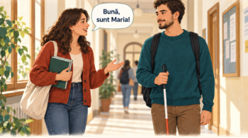 Regula 2 din 7. Ilustrație: pe un coridor universitar, o colegă salută un student cu baston alb și spune: „Bună, sunt Maria!” Text: „Prezintă-te. Spune-ți numele. Nu presupune că îți recunoaște vocea.”