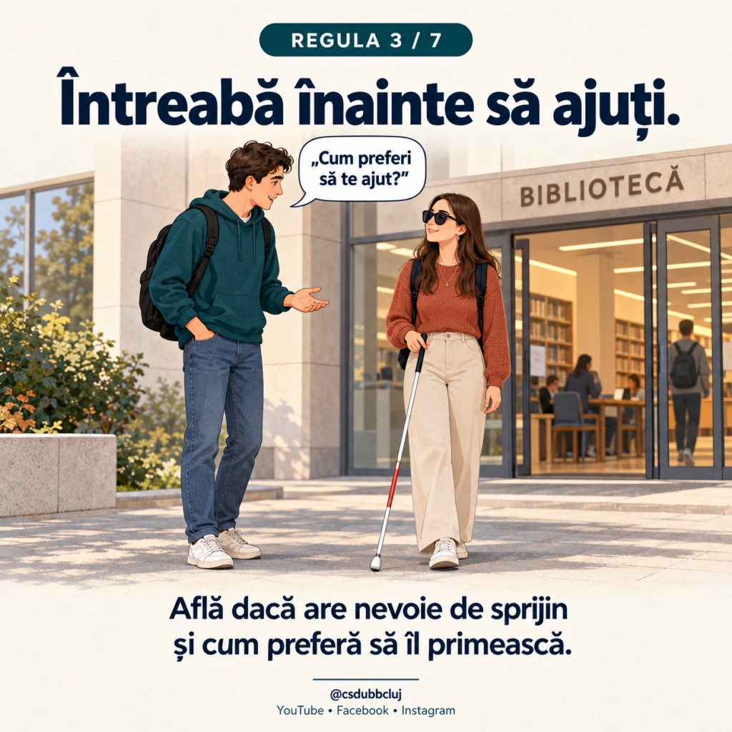 Regula 3 din 7. Ilustrație: în fața bibliotecii, un coleg vorbește cu o studentă care ține un baston alb, fără să o atingă. El întreabă: „Cum preferi să te ajut?” Text: „Întreabă înainte să ajuți. Află dacă are nevoie de sprijin și cum preferă să îl primească.”