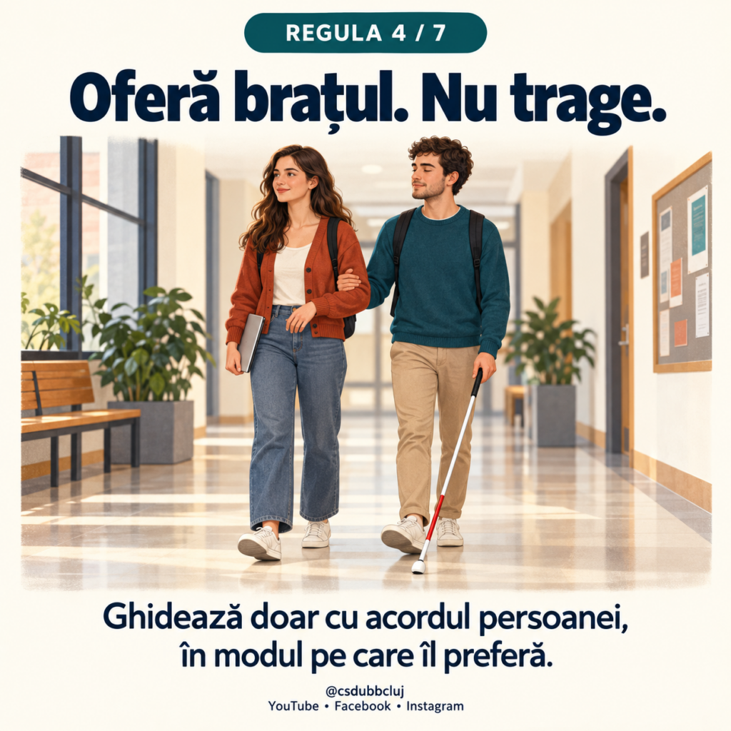 Regula 4 din 7. Ilustrație: pe un coridor, un student ține brațul colegei deasupra cotului. Ea merge ușor înainte, iar el își păstrează bastonul alb în cealaltă mână. Text: „Oferă brațul. Nu trage. Ghidează doar cu acordul persoanei, în modul pe care îl preferă.”