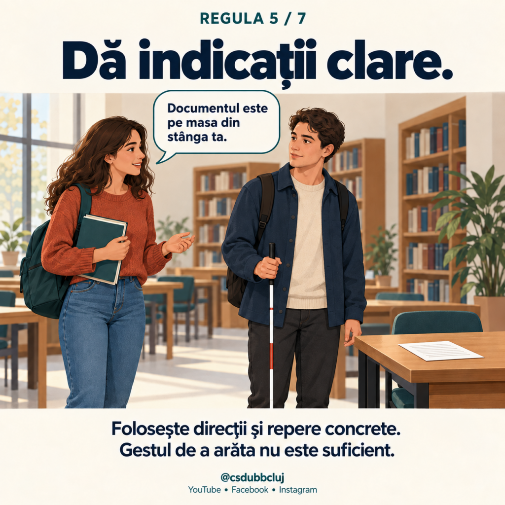 Regula 5 din 7. Ilustrație: într-o bibliotecă, o colegă îi spune unui student cu baston alb: „Documentul este pe masa din stânga ta.” Documentul se află pe masa indicată. Text: „Dă indicații clare. Folosește direcții și repere concrete. Gestul de a arăta nu este suficient.”