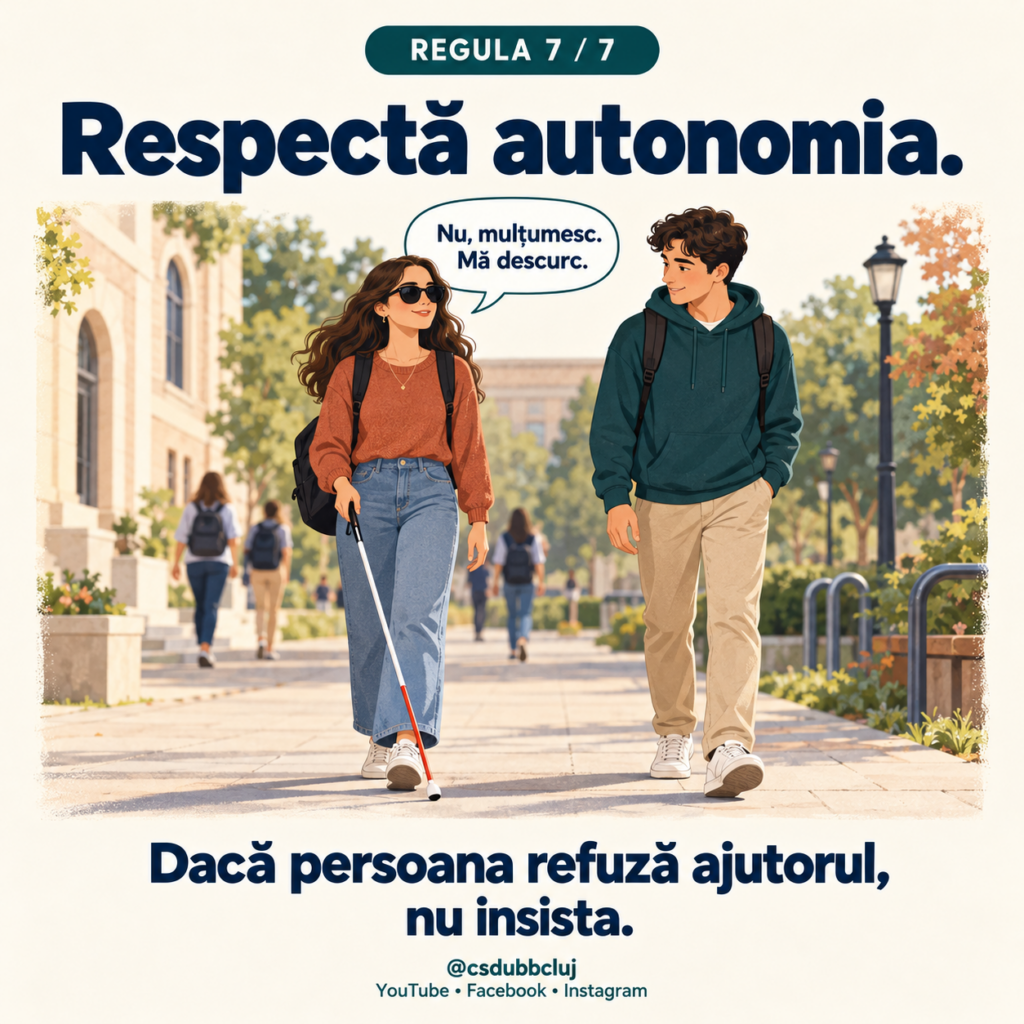 Regula 7 din 7. Ilustrație: o studentă merge cu bastonul alb și îi spune colegului: „Nu, mulțumesc. Mă descurc.” El păstrează distanța și nu o atinge. Text: „Respectă autonomia. Dacă persoana refuză ajutorul, nu insista.”